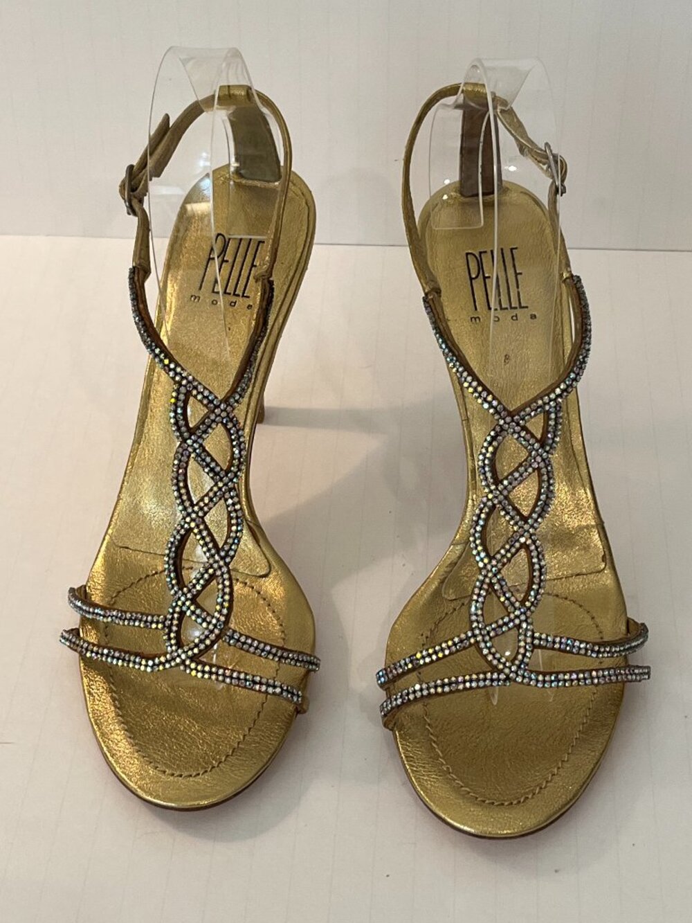 Pelle Moda Stiletto Heels Strappy Sandals Rhinestone Gold Leather Soles Size 8.5